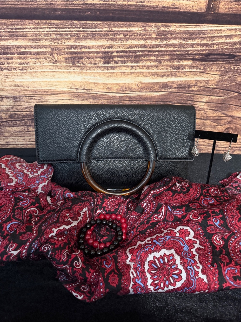 BP Black Pebbled Faux Leather Clutch with Tortoiseshell Ring Handle